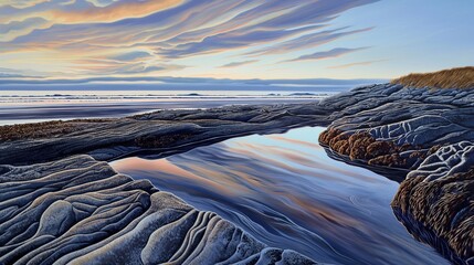 Rippling tide pools reflecting the mesmerizing hues of the midday sky on a tranquil beach. - obrazy, fototapety, plakaty