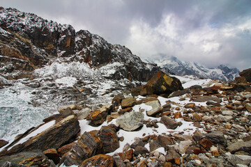 Glaciers and boulder field at the base of the Cho La pass at 5400 meters at the foot of Mount...