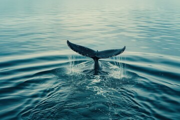 Fototapeta premium Humpback whale's tail fin, known as a fluke, above ocean surface with tropical coastline in the background.