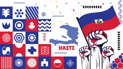 Haiti independence day banner design. Abstract geometric banner for the happy independence day of haiti in shapes of red blue colors. Haiti flag theme with landmark map background.