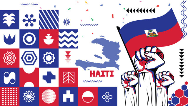 Haiti independence day banner design. Abstract geometric banner for the happy independence day of haiti in shapes of red blue colors. Haiti flag theme with landmark map background. - Powered by Adobe