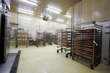 Wheeled racks with sausages, red fish fillet and herring at factory