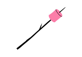 Hand drawn cute cartoon illustration of marshmallow on wooden stick. Flat vector outdoor fire roasted sweet food sticker in colored doodle style. Campfire candy snack icon or print. Isolated.
