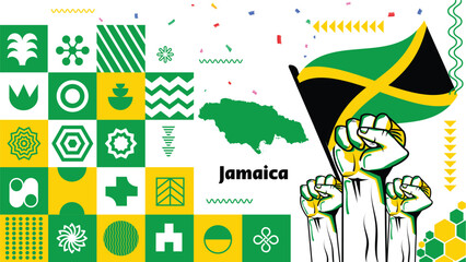Jamaica flag for national day banner, green yellow black colors background and geometric abstract modern design. Jamaican flag independence day corporate business theme. Vector Illustration.