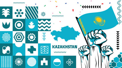Kazakhstan happy independence day greeting card, banner, vector illustration. Kazakh memorial holiday 16th of December design element with realistic flag with eagle, square format