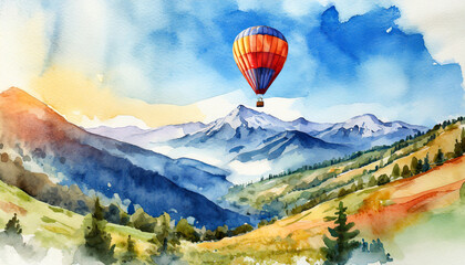 Watercolor painting of mountain landscape with hot air balloon in the sky. Natural landscape.
