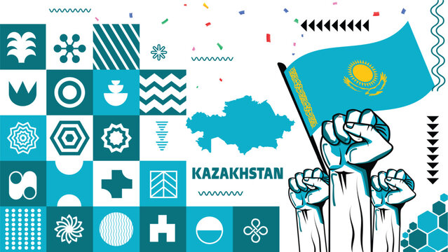 Kazakhstan happy independence day greeting card, banner, vector illustration. Kazakh memorial holiday 16th of December design element with realistic flag with eagle, square format