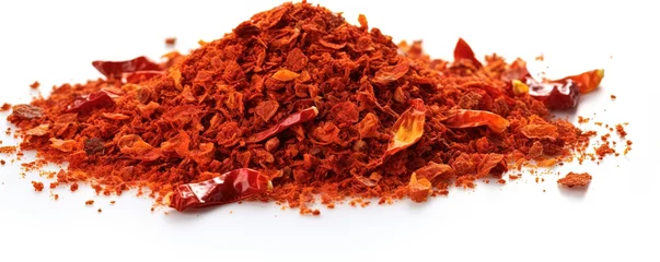 Poster Spicy chili red pepper flakes, chopped, milled dry paprika pile isolated on white © Павел Озарчук