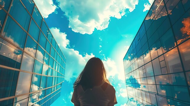 A woman is standing between two mirrored high-rise buildings, gazing upwards towards a vibrant sky filled with cumulus clouds. The perspective emphasizes the towering architecture on either side, as r