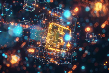 Obraz premium Golden Bitcoin Symbol Surrounded by Dynamic Lights