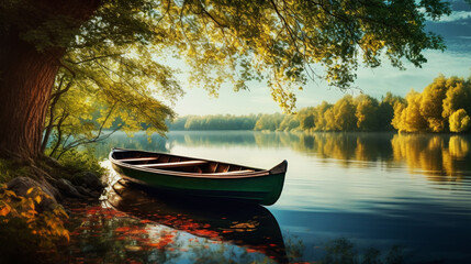 Wooden rowing boat on a calm lake - obrazy, fototapety, plakaty