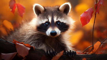 Beautiful portrait of a baby raccoon in a forest