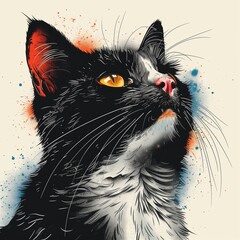 black-and white  cat with orange eyes and pink nose on vector