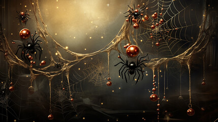 halloween background with web and moon - obrazy, fototapety, plakaty