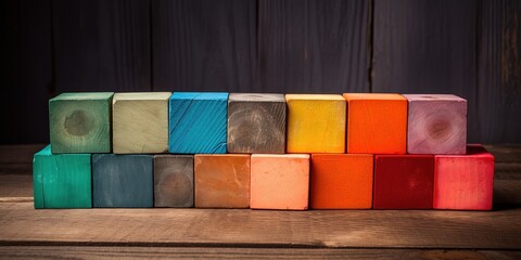 Colored wooden blocks aligned on an old rustic wooden table. Wide format with plenty of copy space for cover, header usage. Yellow orange to red and purple colors.