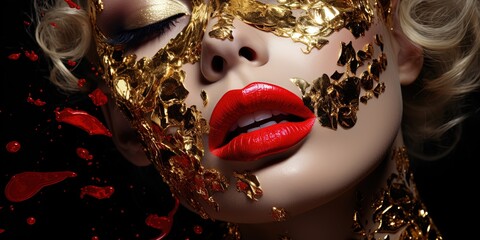The glimmering gold paint adorned her face like liquid metal, her lips painted with a daring red...