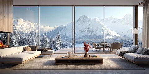 Elegant modern living room interior with large windows showcasing a snowy mountain landscape view