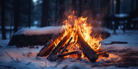 Obraz premium web banner of campfire in winter forest