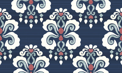 Damask Ikat floral seamless pattern. flower embroidery. design for fashion women, texture, fabric, clothing, wrapping paper, curtains, and decoration. vintage wallpaper