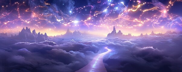 Abstract magical pathway in the clouds. Purple shimmer firefly fairy lights. Glowing walk at night