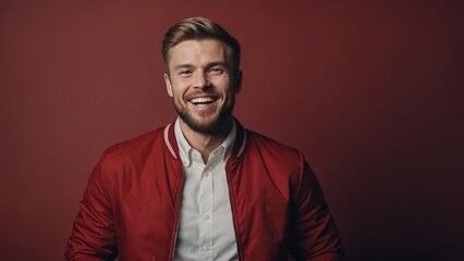 Fototapeta premium Western man dressed stylish clothes celebrate success raise hands fists isolated on red color background