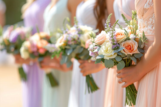 Close-up of bridesmaids with pastel bouquets at a wedding.