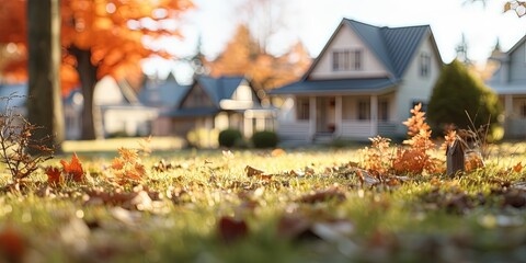 typical suburb background. late autumn. front yard. Soft focus shallow depth of field background. - obrazy, fototapety, plakaty