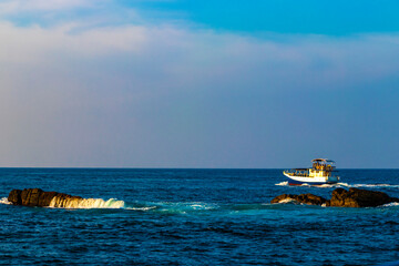 Boat trip catamaran ship tour blue whale people Sri Lanka.