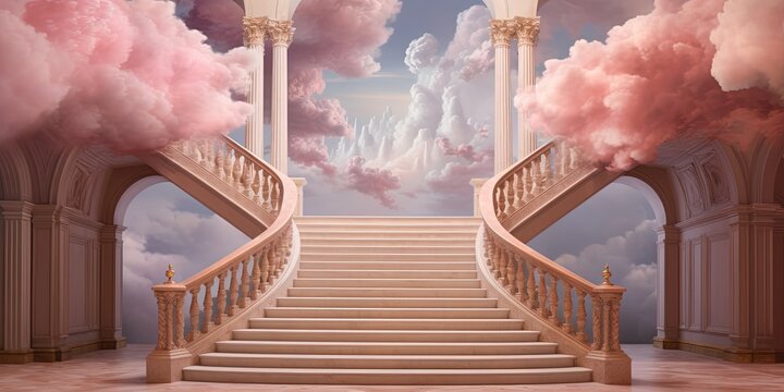 A vivid sky of billowing clouds creates a breathtaking backdrop for the striking pink stairway with arched doorways, forming an ethereal work of art