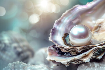 Close-up of a lustrous pearl in an oyster shell with soft bokeh. - obrazy, fototapety, plakaty