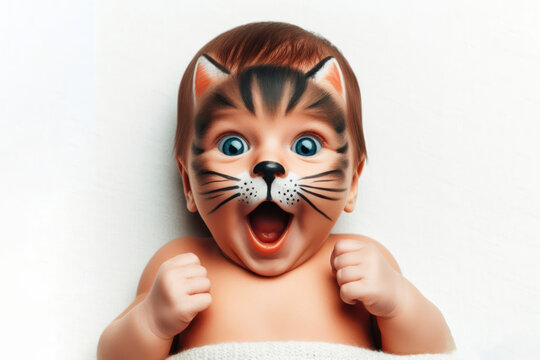 cheerful surprised newborn child with cat painted on her face isolated on solid white background. ai generative