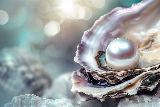 Close-up of a lustrous pearl in an oyster shell with soft bokeh.