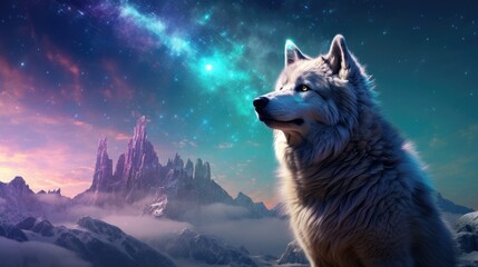 Chinese zodiac-inspired illustration, happy dog, long fur, galactic backdrop, shimmering star trails, space, glowing nebulae, fantasy cosmos, digital art, representing Year of the Dog