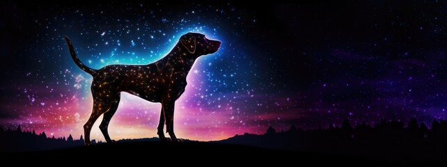 Chinese zodiac-inspired illustration, happy dog, long fur, galactic backdrop, shimmering star trails, space, glowing nebulae, fantasy cosmos, digital art, representing Year of the Dog