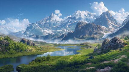 Naklejka na ściany i meble Rugged mountain terrain meeting a calm river under a spotless blue sky, creating a pristine natural panorama.