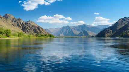 Rugged mountain terrain meeting a calm river under a spotless blue sky, creating a pristine natural panorama.