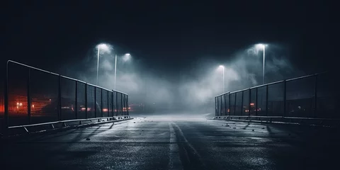 Fotobehang Midnight road or alley with car headlights pointed this way. Wet, hazy asphalt road with construction metal fences on both sides. drag race, crime, midnight activity concept. © Павел Озарчук