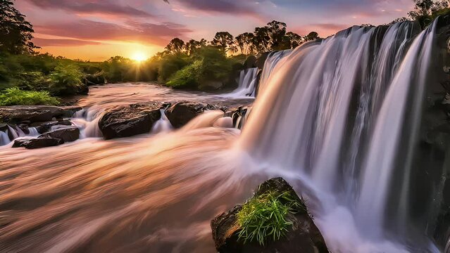 waterfall at sunset seamless looping 4k animation video background
