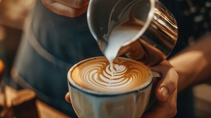 Barista making pouring stream milk with coffee latte art pattern heart shape