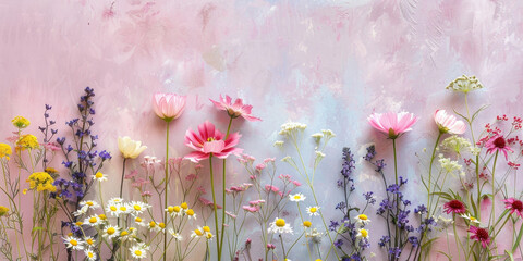 Beautiful pink and white flowers on a soft pink background with space for text