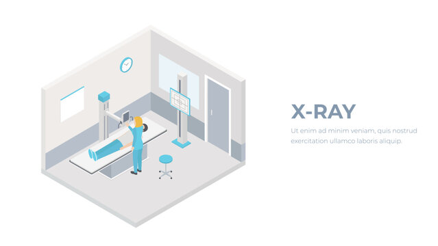 X-ray female medical diagnostics bones skeleton checkup flat 3d Isometric healthcare web concept. Doctor room interior xray diag. Creative people collection.