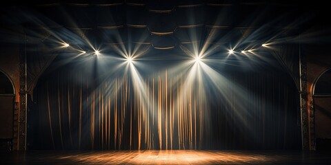 Beams of light shine through partially opened theater curtains onto a dark stage, suggesting an...