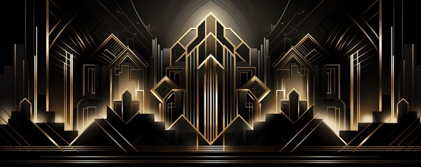 Abstract art deco. Great Gatsby 1920s geometric architecture background. Retro vintage black, gold,...