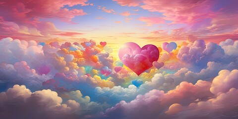 An ethereal scene of multicolored heart shapes bursting through a majestic cloud-filled sky