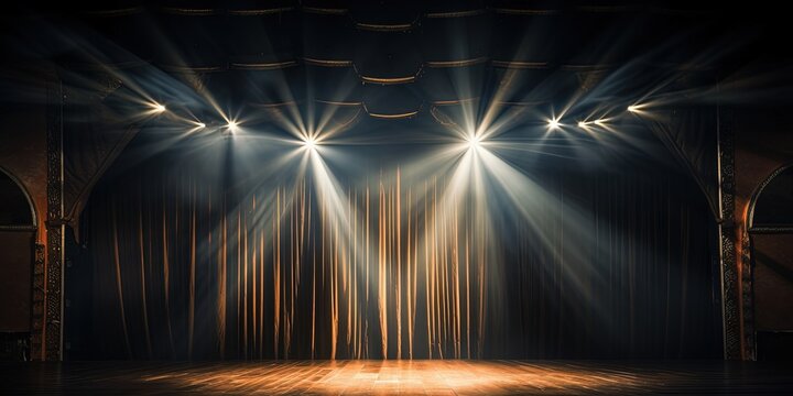 Beams of light shine through partially opened theater curtains onto a dark stage, suggesting an imminent show