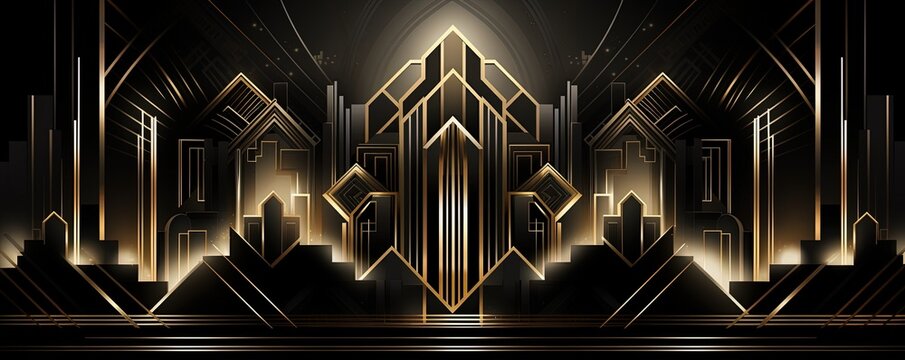 Abstract art deco. Great Gatsby 1920s geometric architecture background. Retro vintage black, gold, and silver roaring 20s texture