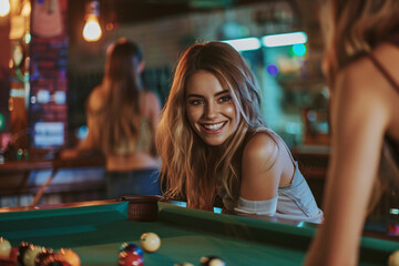 Pub Fun: Cheerful Woman Playing Snooker with Friend. Generative AI. - obrazy, fototapety, plakaty
