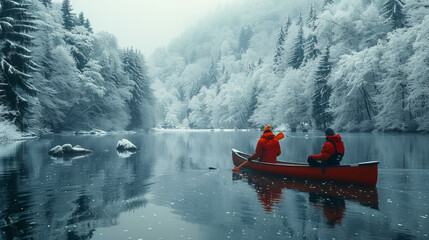 Pair canoeing on almost frozen lake on winter (Belis lake, Transylvania, Romania). - obrazy, fototapety, plakaty