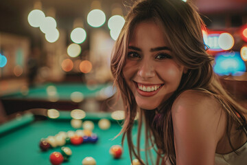 Pub Fun: Cheerful Woman Playing Snooker with Friend. Generative AI. - obrazy, fototapety, plakaty