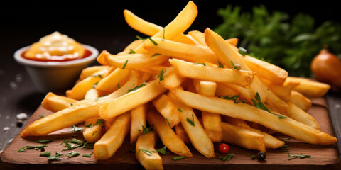 Tasty, Crispy French Fries on a White Plate: a Golden Heap of Unhealthy, Fattening Snack, Closeup, with a Salty, Crunchy, and Deep-Fried Brown Texture Against a Light Background.